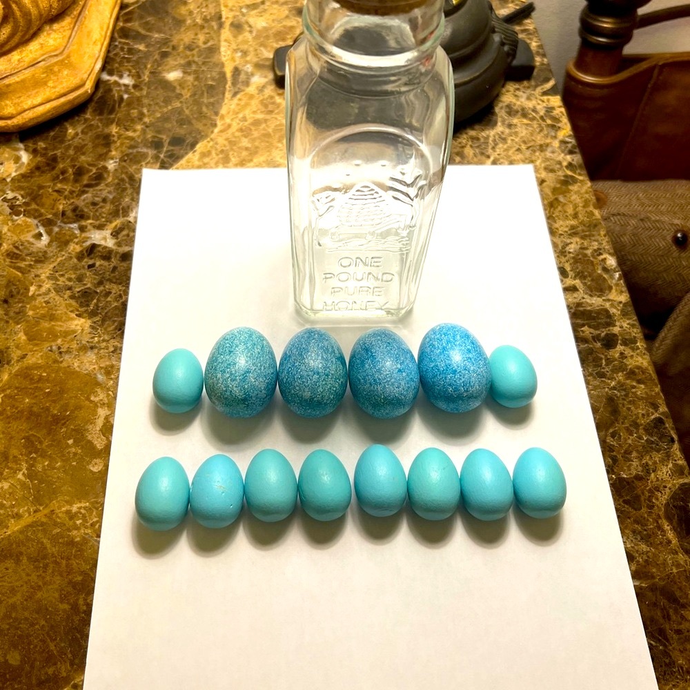 New Speckled & Solid Wooden Eggs & a Corked Glass Honey Bottle Home Decor Set